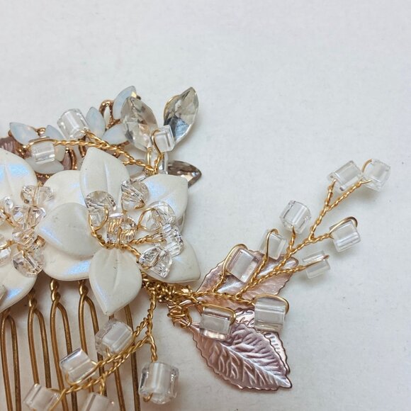 Unbranded Gold Comb Acrylic Crystal White Flower Bridal Dance Prom as is - Picture 3 of 7